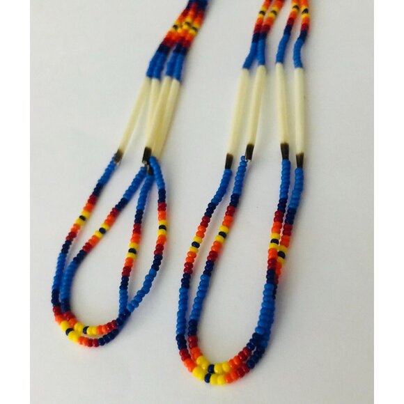 Beaded Dangle Earrings Seed Beads Handmade Hooks Native American Blue Orange - Picture 3 of 5